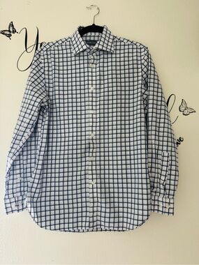 Michael Kors Men's White Dress Shirt with Blue Windowpane Check